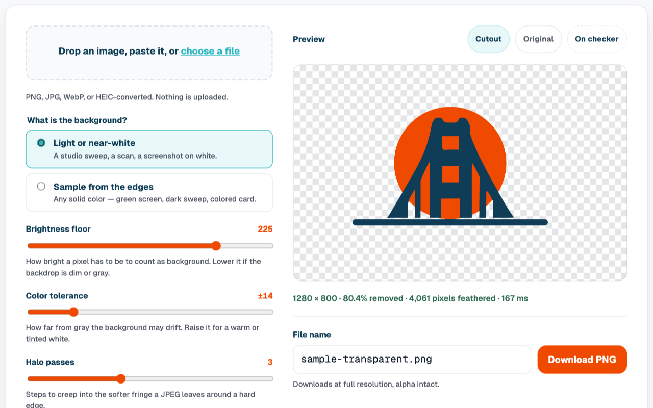 Screenshot of the Background Remover: the drop zone and background settings beside a preview of the Golden Data bridge and an orange sun cut out onto a transparent checkerboard, with 80.4% of the image removed and a Download PNG button