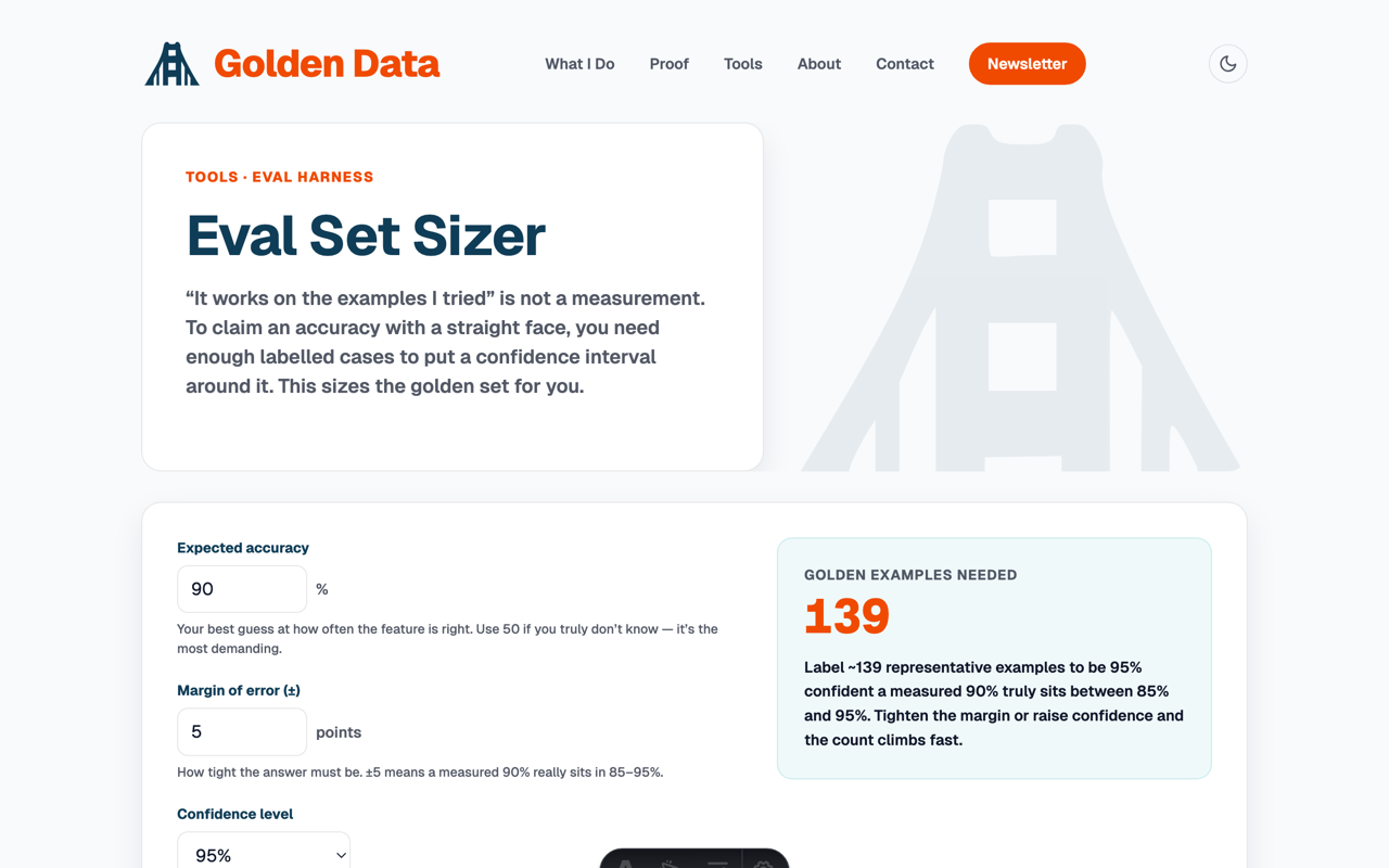 Screenshot of the Eval Set Sizer calculating golden-example sample size from accuracy and confidence