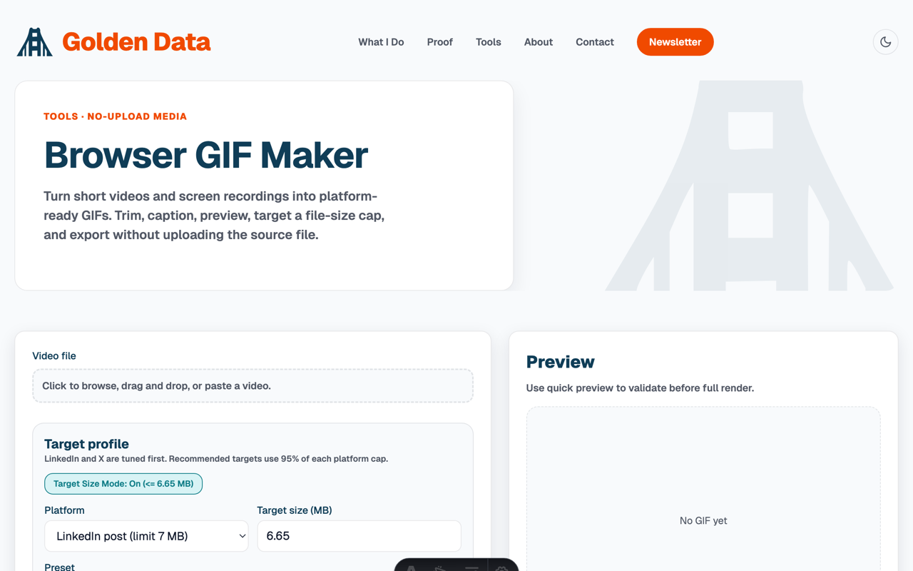Screenshot of the Browser GIF Maker tool for converting screen recordings into platform-sized GIFs