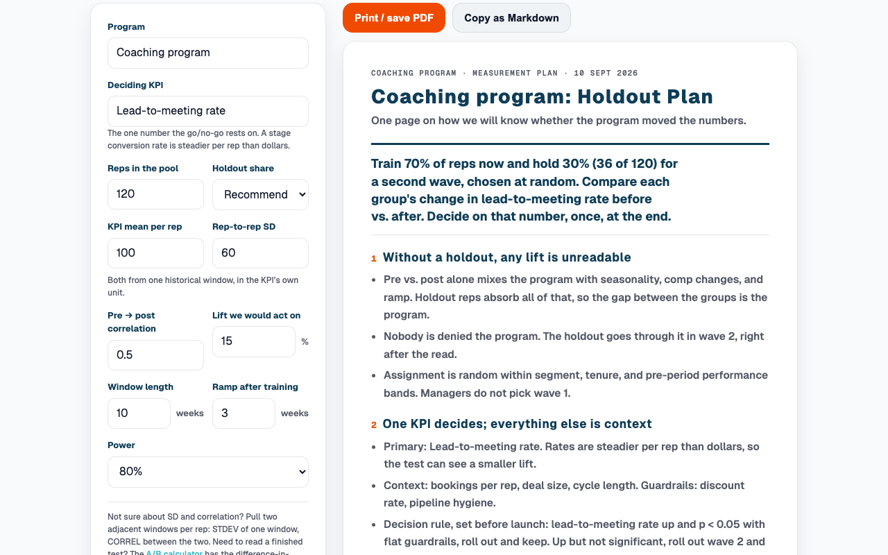 Screenshot of the Training Holdout Planner showing the one-page measurement plan with its holdout-size exhibit