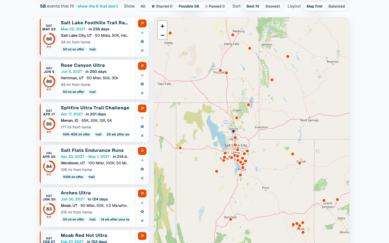 Ranked race cards with fit rings and register, target, star and pass buttons under a Show, Sort and Layout bar, beside a map of Utah and its neighbours with every upcoming race pinned in orange.
